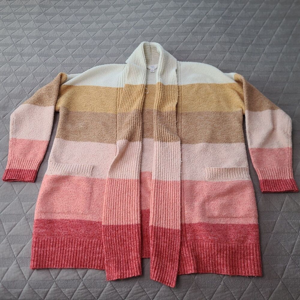 Time And Tru Fuzzy Cardigan Women's Size LARGE 12-14 Pink Red Tan Cream Cozy